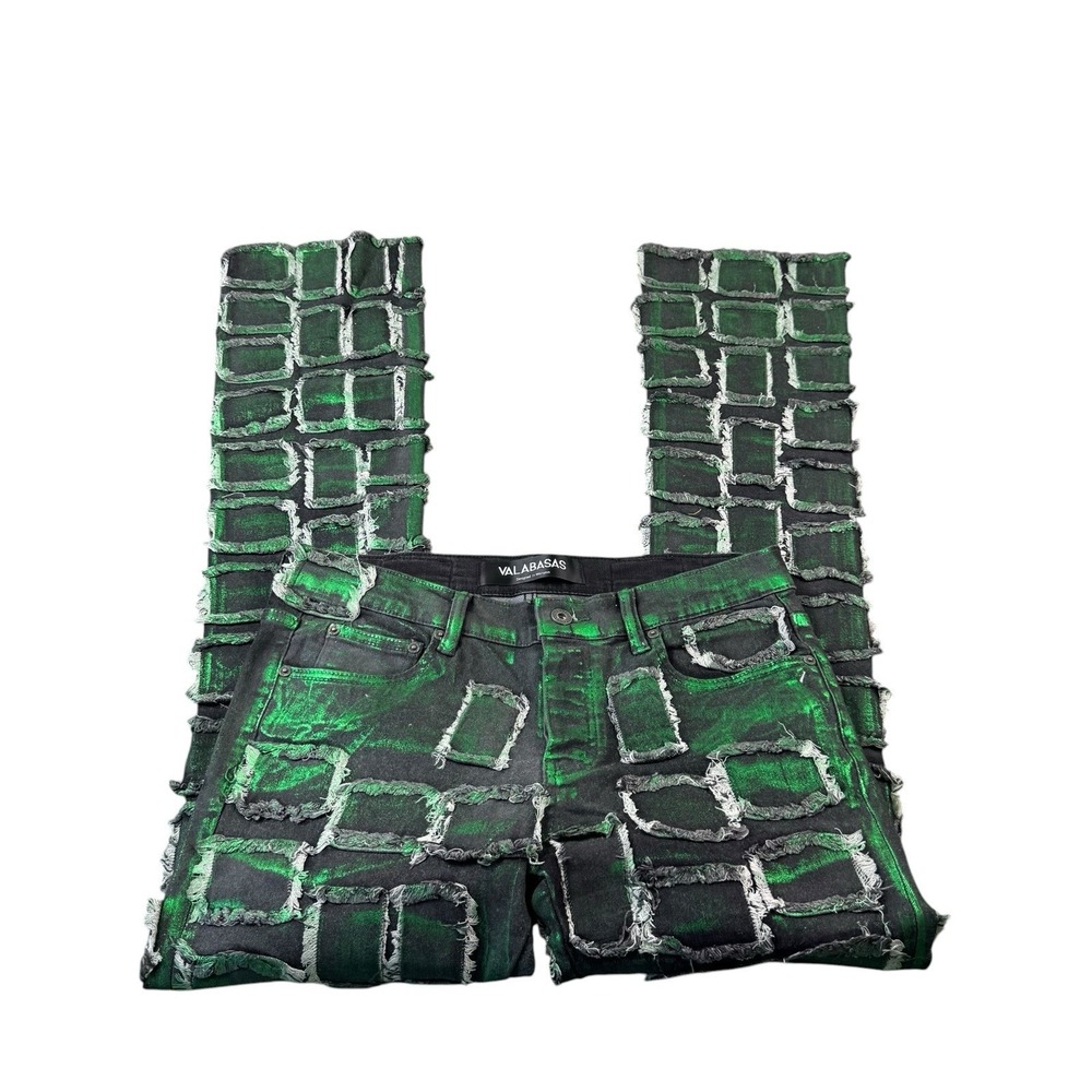 Valabasas Black Green Patchwork Men's Button Fly Streetwear Jean Size 32x36